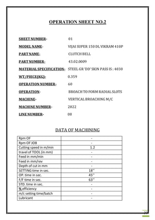 30
OPERATION SHEET NO.2
SHEET NUMBER- 01
MODEL NAME- VIJAI SUPER 150 DLVIKRAM 410P
PART NAME- CLUTCH BELL
PART NUMBER- 43.02.0009
MATERIALSPECIFICATION- STEEL GR ‘DD’SKIN PASS IS : 4030
WT/PIECE(KG)- 0.359
OPERATION NUMBER- 60
OPERATION- BROACH TO FORM RADIALSLOTS
MACHINE- VERTICALBROACHING M/C
MACHINE NUMBER- 2022
LINE NUMBER- 08
DATA OF MACHINING
Rpm OF -
Rpm OF JOB -
Cutting speed in m/min 1.2
travel of TOOL (in mm) -
Feed in mm/min -
Feed in mm/rev -
Depth of cut in mm -
SETTING time in sec. 18’’
OP. time in sec. 45’’
F/F time in sec. 63’’
STD. time in sec. -
% efficiency -
m/c setting time/batch -
Lubricant -
 
