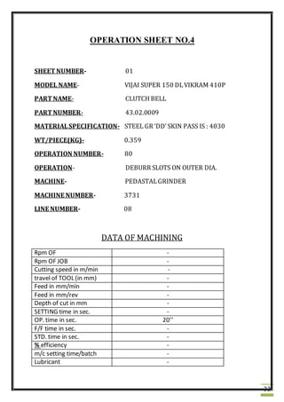 32
OPERATION SHEET NO.4
SHEET NUMBER- 01
MODEL NAME- VIJAI SUPER 150 DLVIKRAM 410P
PART NAME- CLUTCH BELL
PART NUMBER- 43.02.0009
MATERIALSPECIFICATION- STEEL GR ‘DD’SKIN PASS IS : 4030
WT/PIECE(KG)- 0.359
OPERATION NUMBER- 80
OPERATION- DEBURR SLOTS ON OUTER DIA.
MACHINE- PEDASTALGRINDER
MACHINE NUMBER- 3731
LINE NUMBER- 08
DATA OF MACHINING
Rpm OF -
Rpm OF JOB -
Cutting speed in m/min -
travel of TOOL (in mm) -
Feed in mm/min -
Feed in mm/rev -
Depth of cut in mm -
SETTING time in sec. -
OP. time in sec. 20’’
F/F time in sec. -
STD. time in sec. -
% efficiency -
m/c setting time/batch -
Lubricant -
 