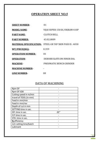 33
OPERATION SHEET NO.5
SHEET NUMBER- 01
MODEL NAME- VIJAI SUPER 150 DLVIKRAM 410P
PART NAME- CLUTCH BELL
PART NUMBER- 43.02.0009
MATERIALSPECIFICATION- STEEL GR ‘DD’SKIN PASS IS : 4030
WT/PIECE(KG)- 0.359
OPERATION NUMBER- 81
OPERATION- DEBURR SLOTS ON INNER DIA.
MACHINE- PNEUMATIC BENCH GRINDER
MACHINE NUMBER- -
LINE NUMBER- 08
DATA OF MACHINING
Rpm OF -
Rpm OF JOB -
Cutting speed in m/min -
travel of TOOL (in mm) -
Feed in mm/min -
Feed in mm/rev -
Depth of cut in mm -
SETTING time in sec. -
OP. time in sec. 20’’
F/F time in sec. -
STD. time in sec. -
% efficiency -
m/c setting time/batch -
Lubricant -
 