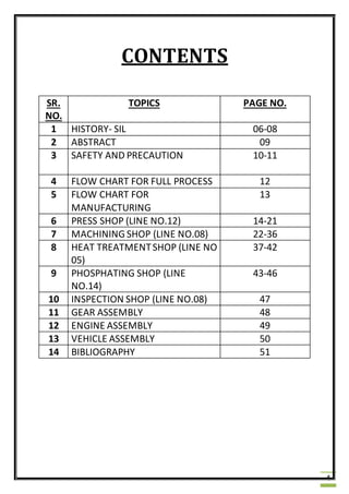 4
CONTENTS
SR.
NO.
TOPICS PAGE NO.
1 HISTORY- SIL 06-08
2 ABSTRACT 09
3 SAFETY AND PRECAUTION 10-11
4 FLOW CHART FOR FULL PROCESS 12
5 FLOW CHART FOR
MANUFACTURING
13
6 PRESS SHOP (LINE NO.12) 14-21
7 MACHINING SHOP (LINE NO.08) 22-36
8 HEAT TREATMENTSHOP (LINE NO
05)
37-42
9 PHOSPHATING SHOP (LINE
NO.14)
43-46
10 INSPECTION SHOP (LINE NO.08) 47
11 GEAR ASSEMBLY 48
12 ENGINE ASSEMBLY 49
13 VEHICLE ASSEMBLY 50
14 BIBLIOGRAPHY 51
 