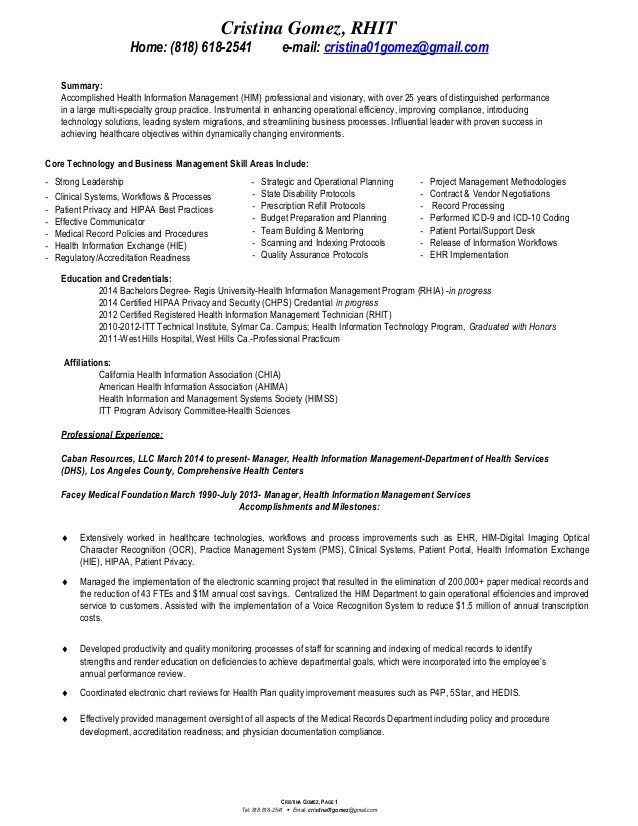 cristina gomez rhit resume 2016 health information technology resumes
