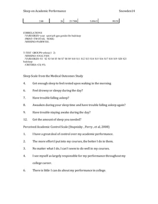 Sleep on Academic Performance Snowden14
2.00 26 25.7308 5.05615 .99159
CORRELATIONS
/VARIABLES=year sport job gpa gender.fm badsleep
/PRINT=TWOTAIL NOSIG
/MISSING=PAIRWISE.
T-TEST GROUPS=ethnic(1 2)
/MISSING=ANALYSIS
/VARIABLES=S1 S2 S3 S4 S5 S6 S7 S8 S9 S10 S11 S12 S13 S14 S15 S16 S17 S18 S19 S20 S21
badsleep
/CRITERIA=CI(.95).
Sleep Scale from the Medical Outcomes Study
4. Get enough sleep to feel rested upon waking in the morning
6. Feel drowsy or sleepy during the day?
7. Have trouble falling asleep?
8. Awaaken during your sleep time and have trouble falling asleep again?
9. Have trouble staying awake during the day?
12. Get the amount of sleep you needed?
Perceived Academic Control Scale (Stupnisky , Perry , et al, 2008)
1. I have a great deal of control over my academic performance.
2. The more effort I put into my courses, the better I do in them.
3. No matter what I do, I can’t seem to do well in my courses.
4. I see myself as largely responsible for my performance throughout my
college career.
6. There is little I can do about my performance in college.
 