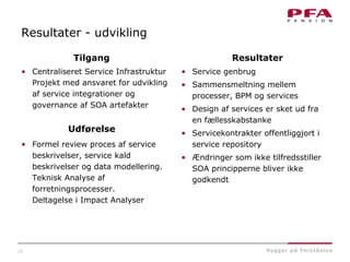 18
Resultater - udvikling
• Centraliseret Service Infrastruktur
Projekt med ansvaret for udvikling
af service integrationer og
governance af SOA artefakter
• Formel review proces af service
beskrivelser, service kald
beskrivelser og data modellering.
Teknisk Analyse af
forretningsprocesser.
Deltagelse i Impact Analyser
• Service genbrug
• Sammensmeltning mellem
processer, BPM og services
• Design af services er sket ud fra
en fællesskabstanke
• Servicekontrakter offentliggjort i
service repository
• Ændringer som ikke tilfredsstiller
SOA principperne bliver ikke
godkendt
Resultater
Udførelse
Tilgang
 