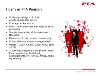 3
Hvem er PFA Pension
• Vi blev grundlagt i 1917 af
arbejdsmarkedets parter
• Vi er ejet af kunderne
• Over 1 mio. danskere har valgt et af vores
produkter
• Største leverandør af firmapension i
Danmark
• Mere end 13 mia. kroner i omsætning
• Vi har 220 mia. kroner i pengetanken
• Vækst – 2004 +2,5%, 2005 +8%, 2006
+12%
• 1.100 medarbejdere – heraf 900 i Marina
Park og resten er fordelt på
afdelingskontorer i Herlev, Århus, Aalborg
og Kolding
 