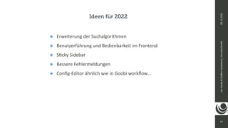14
Jan
Vonde
&
Ste
ff
en
Hankiewicz,
intranda
GmbH
09.11.2021
Ideen für 2022
๏ Erweiterung der Suchalgorithmen


๏ Benutzerführung und Bedienbarkeit im Frontend


๏ S
ti
cky Sidebar


๏ Bessere Fehlermeldungen


๏ Con
fi
g-Editor ähnlich wie in Goobi work
fl
ow…
 