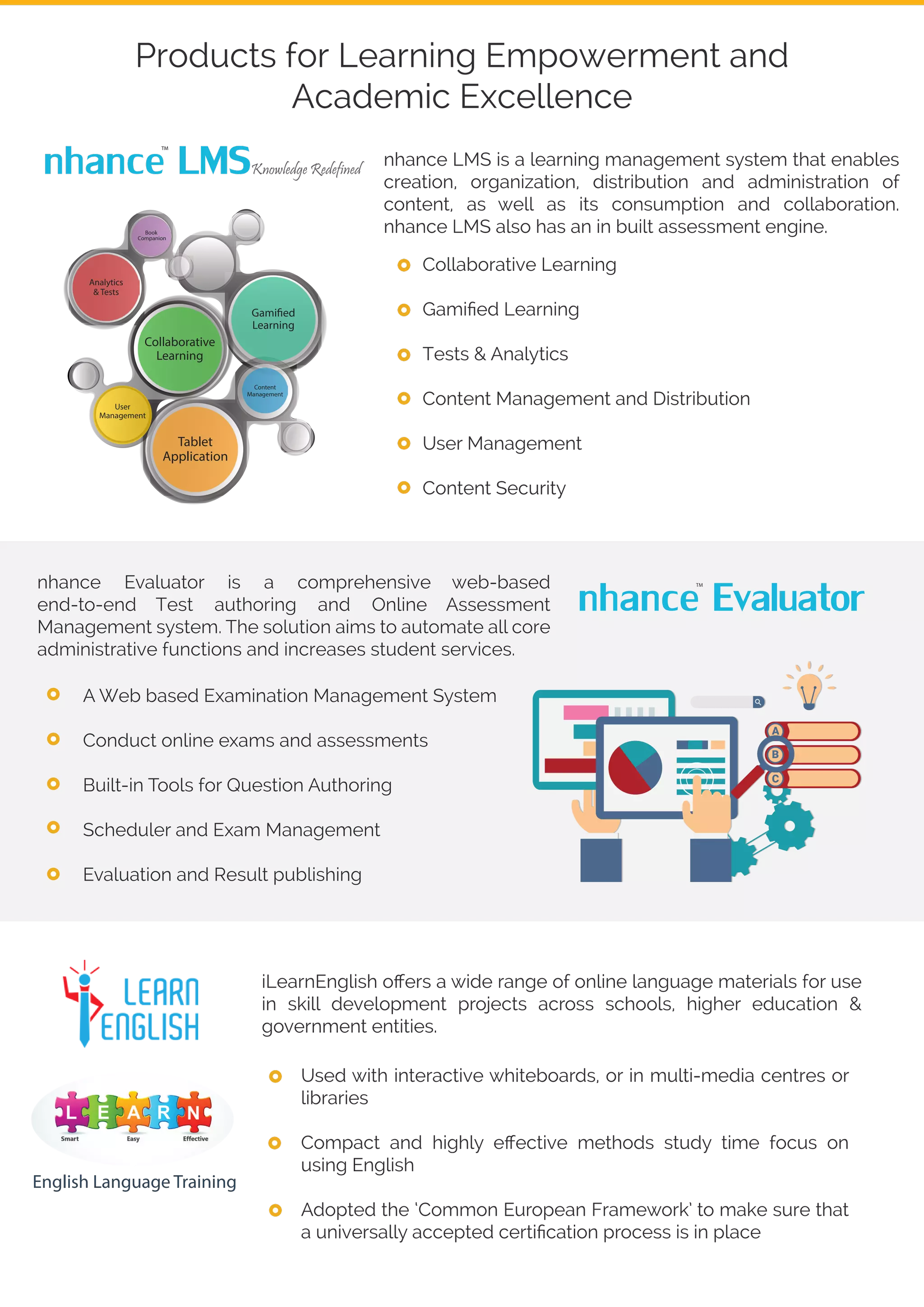 Products for Learning Empowerment and
Academic Excellence
nhance LMSTM
Knowledge Redefined
User
Management
Collaborative
Learning
G
Learning
Analytics
& Tests
Tablet
Application
Content
Management
Book
Companion
Collaborative Learning
Gamiﬁed Learning
Tests & Analytics
Content Management and Distribution
User Management
Content Security
iLearnEnglish oﬀers a wide range of online language materials for use
in skill development projects across schools, higher education &
government entities.
nhance LMS is a learning management system that enables
creation, organization, distribution and administration of
content, as well as its consumption and collaboration.
nhance LMS also has an in built assessment engine.
nhance EvaluatorTM
A Web based Examination Management System
Conduct online exams and assessments
Built-in Tools for Question Authoring
Scheduler and Exam Management
Evaluation and Result publishing
nhance Evaluator is a comprehensive web-based
end-to-end Test authoring and Online Assessment
Management system. The solution aims to automate all core
administrative functions and increases student services.
Used with interactive whiteboards, or in multi-media centres or
libraries
Compact and highly eﬀective methods study time focus on
using English
Adopted the ‘Common European Framework’ to make sure that
a universally accepted certiﬁcation process is in place
English Language Training
 