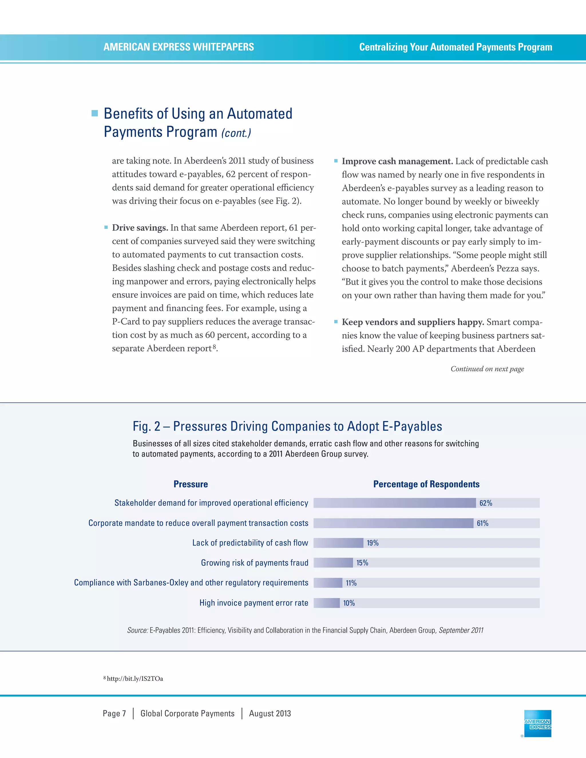 Benefits of Using an Automated
Payments Program (cont.)
are taking note. In Aberdeen’s 2011 study of business
attitudes toward e-payables, 62 percent of respon-
dents said demand for greater operational eﬃciency
was driving their focus on e-payables (see Fig. 2).
■ Drive savings. In that same Aberdeen report, 61 per-
cent of companies surveyed said they were switching
to automated payments to cut transaction costs.
Besides slashing check and postage costs and reduc-
ing manpower and errors, paying electronically helps
ensure invoices are paid on time, which reduces late
payment and ﬁnancing fees. For example, using a
P-Card to pay suppliers reduces the average transac-
tion cost by as much as 60 percent, according to a
separate Aberdeen report8.
■ Improve cash management. Lack of predictable cash
ﬂow was named by nearly one in ﬁve respondents in
Aberdeen’s e-payables survey as a leading reason to
automate. No longer bound by weekly or biweekly
check runs, companies using electronic payments can
hold onto working capital longer, take advantage of
early-payment discounts or pay early simply to im-
prove supplier relationships. “Some people might still
choose to batch payments,” Aberdeen’s Pezza says.
“But it gives you the control to make those decisions
on your own rather than having them made for you.”
■ Keep vendors and suppliers happy. Smart compa-
nies know the value of keeping business partners sat-
isﬁed. Nearly 200 AP departments that Aberdeen
Centralizing Your Automated Payments ProgramAMERICAN EXPRESS WHITEPAPERS
Page 7 | Global Corporate Payments | August 2013
8 http://bit.ly/IS2TOa
Continued on next page
Stakeholder demand for improved operational efficiency
Corporate mandate to reduce overall payment transaction costs
Lack of predictability of cash flow
Growing risk of payments fraud
Compliance with Sarbanes-Oxley and other regulatory requirements
High invoice payment error rate
Fig. 2 – Pressures Driving Companies to Adopt E-Payables
Businesses of all sizes cited stakeholder demands, erratic cash flow and other reasons for switching
to automated payments, according to a 2011 Aberdeen Group survey.
Source: E-Payables 2011: Efficiency, Visibility and Collaboration in the Financial Supply Chain, Aberdeen Group, September 2011
19%
15%
11%
10%
Percentage of RespondentsPressure
62%
61%
 