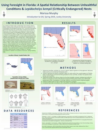 RESEARCH POSTER PRESENTATION DESIGN © 2015
www.PosterPresentations.com
I N T R O D U C T I O N
M E T H O D S
R E S U L T S
D A T A R E S O U R C E S R E F E R E N C E S
Introduc/on	to	GIS,	Spring	2016,	Lesley	University	
Marissa	Murphy	
Using	Foresight	in	Florida:	A	SpaAal	RelaAonship	Between	Unhealthful	
CondiAons	&	Lepidochelys	kempii	(CriAcally	Endangered)	Nests	
1.  Determine feasible variables for cause of death: Debris Ingestion & Entanglement, Biotoxins
(HAB events), & Commercial Fishing Bycatch
2.  Gather, organize and specify datasets: Select for data within the coastal regions of Florida,
Select for Boating/Commercial Fishing-related human activities, & Select for Lepidochelys
kempii nest locations
3.  Determine buffers that will be criteria for the Site Suitability Analysis: Multiple-ring buffer for
Debris Convergence Zones & Boating/Commercial Fishing sites based upon Drift-bottle
experiments (Hart, Mooreside, & Crowder, 2006) & commonly known long-line lengths
4.  Intersect buffer layers & Clip to HAB event frequency polygon
5.  Compare Nest sites to locations with unhealthful combinations of phenomena
According to three major conservation documents, Kemp’s
Ridley (Lepidochelys kempii) sea turtles are considered to be
Endangered (Endangered Species Act), Critically endangered
(International Union for Conservation of Nature and Natural
Resources, IUCN, Red Book), and Appendix I (Convention on
International Trade in Endangered Species, CITES) (Gualtieri,
Corti & Gherardi, 2009, p.118). There are several factors that
contribute to population health in sea turtles including: debris
ingestion and entanglement, commercial fishing long-line and
trawling entanglement, land modification, artificial lighting as
well as marine biotoxins known to this study as Harmful Algal
Blooms (HAB-events) of Karenia brevis most commonly, along
with a range of other natural contributing factors (STC, 2015;
FFWCC, 2016). Unfortunately all of these phenomena can take
place in critical habitats such as nesting sites. When it comes to
Critically endangered species, it is crucial to remember that
reproduction, though time-sensitive, increases population
numbers. This study attempts to present the spatial relationship
between various known causes of death in L. kempii
populations in relation to locations of annual L. kempii nesting
sites.
Location of Study: Coastal Florida, USA
Population: Kemp’s Ridley
(Lepidochelys kempii) Sea Turtles
In relation to other species
Source:http://www.environmentalprotectionofasia.com/ztcp/biology/images/figure15.jpg
Individual
Source:http://www.virginiaherpetologicalsociety.com/reptiles/
turtles/kemps-ridley-sea-turtle/data1/images/
kempsridley_nps2.jpg
Arribada, mass nesting behavior
Source:https://c2.staticflickr.com/4/3235/2844492324_3de59bacc8_b.jpg
Criteria 2: Debris
Convergence
Zone Buffers: 1km, 5km,
10km, 20km
Criteria overlay
(without buffers)
Criteria 3: Boating/
Commercial Fishing
Buffers: 10km, 50km,
100km
Criteria 1: HAB-Event
Frequency by County
Analyzing the intersecting regions:
locations of unhealthful conditions in
relation to L. kempii nesting sites
Performing an Intersect: Discovering
locations of unhealthful conditions
for L. kempii
Florida Fish & Wildlife Conservation Commission. (2016). Effects of florida's red tide on marine animals. Retrieved from:
http://myfwc.com/research/redtide/general/marine-animals/
Gherardi, F., Corti, C., & Gualtieri, M. (2009). Biodiversity conservation and habitat management (Vol. 2). Retrieved
from: https://books.google.com/books?id=uR9lCwAAQBAJ&printsec=frontcover&dq=Biodiversity Conservation and
Habitat Management -
VolumeIIcitation&hl=en&sa=X&ved=0ahUKEwityZXF1tXMAhXlJMAKHT2mBhsQ6AEIHTAA#v=onepage&q=Biodiversity
Conservation and Habitat Management - Volume II citation&f=false
Hart, K., Mooreside, P., & Crowder, L. (2006). Interpreting the spatio-temporal patterns of sea turtle strandings: Going
with the flow. Biological Conservation, 129(2), p.286. doi:10.1016/j.biocon.2005.10.047
Sea Turtle Conservancy. (2015). Information About Sea Turtles: Threats to Sea Turtles. Retrieved from http://
www.conserveturtles.org/seaturtleinformation.php?page=threats
 