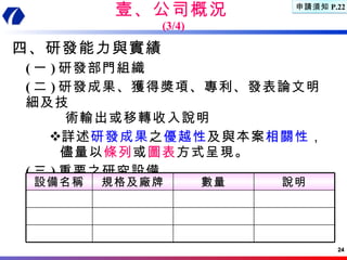 壹、公司概況 (3/4) 四、研發能力與實績 ( 一 ) 研發部門組織 ( 二 ) 研發成果、獲得獎項、專利、發表論文明細及技   術輸出或移轉收入說明 詳述 研發成果 之 優越性 及與本案 相關性 ，儘量以 條列 或 圖表 方式呈現。 ( 三 ) 重要之研究設備 申請須知 P.22 設備名稱 規格及廠牌 數量 說明 