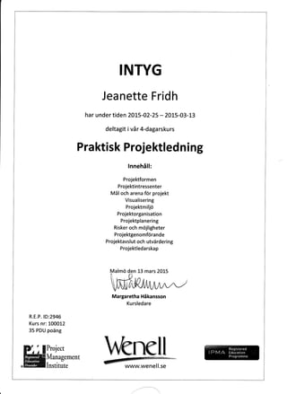 Jeanette F , Intyg projektledning bilaga 9 | PDF