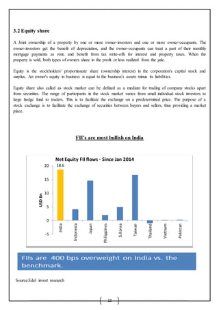 12
3.2 Equity share
A Joint ownership of a property by one or more owner-investors and one or more owner-occupants. The
owner-investors get the benefit of depreciation, and the owner-occupants can treat a part of their monthly
mortgage payments as rent, and benefit from tax write-offs for interest and property taxes. When the
property is sold, both types of owners share in the profit or loss realized from the sale.
Equity is the stockholders' proportionate share (ownership interest) in the corporation's capital stock and
surplus. An owner's equity in business is equal to the business's assets minus its liabilities.
Equity share also called as stock market can be defined as a medium for trading of company stocks apart
from securities. The range of participants in the stock market varies from small individual stock investors to
large hedge fund to traders. This is to facilitate the exchange on a predetermined price. The purpose of a
stock exchange is to facilitate the exchange of securities between buyers and sellers, thus providing a market
place.
FII’s are most bullish on India
Source:Edel invest research
18.6
-5
0
5
10
15
20
India
Indonesia
Japan
Philippines
S.Korea
Taiwan
Thailand
Vietnam
Pakistan
USDBn
Net Equity FII flows - Since Jan 2014
 