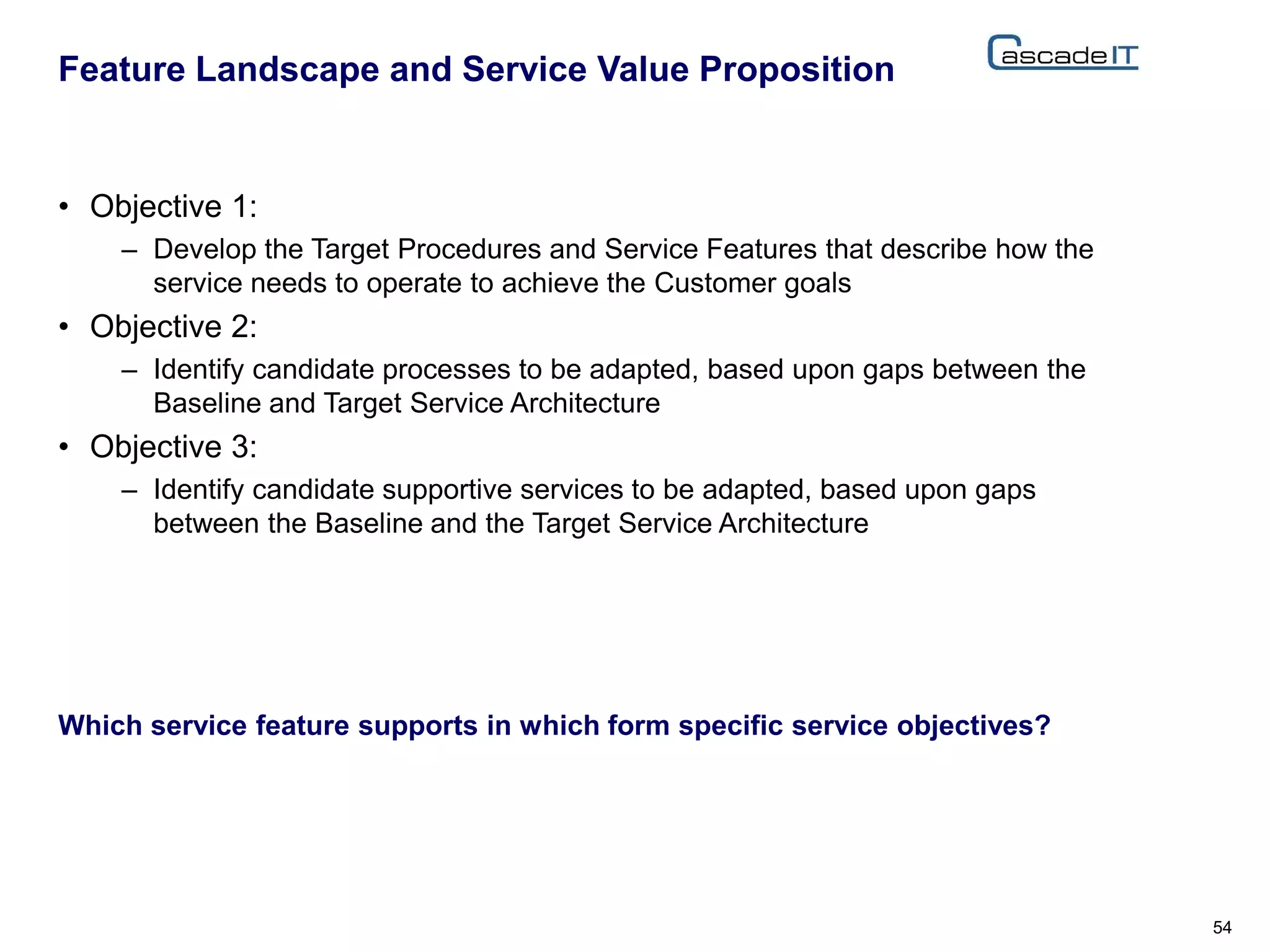 • Objective 1:
– Develop the Target Procedures and Service Features that describe how the
service needs to operate to achieve the Customer goals
• Objective 2:
– Identify candidate processes to be adapted, based upon gaps between the
Baseline and Target Service Architecture
• Objective 3:
– Identify candidate supportive services to be adapted, based upon gaps
between the Baseline and the Target Service Architecture
Feature Landscape and Service Value Proposition
54
Which service feature supports in which form specific service objectives?
 