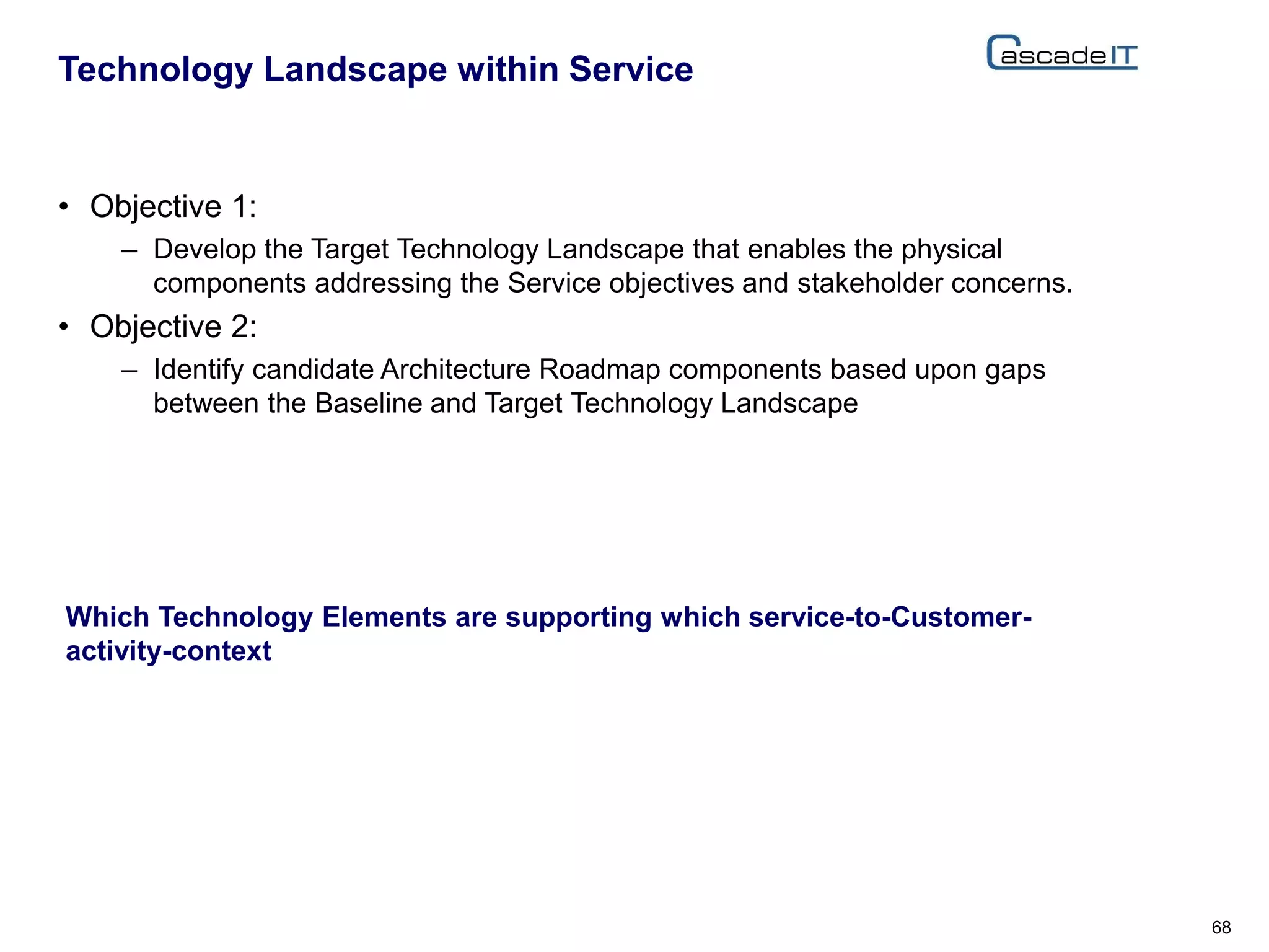 • Objective 1:
– Develop the Target Technology Landscape that enables the physical
components addressing the Service objectives and stakeholder concerns.
• Objective 2:
– Identify candidate Architecture Roadmap components based upon gaps
between the Baseline and Target Technology Landscape
Technology Landscape within Service
68
Which Technology Elements are supporting which service-to-Customer-
activity-context
 