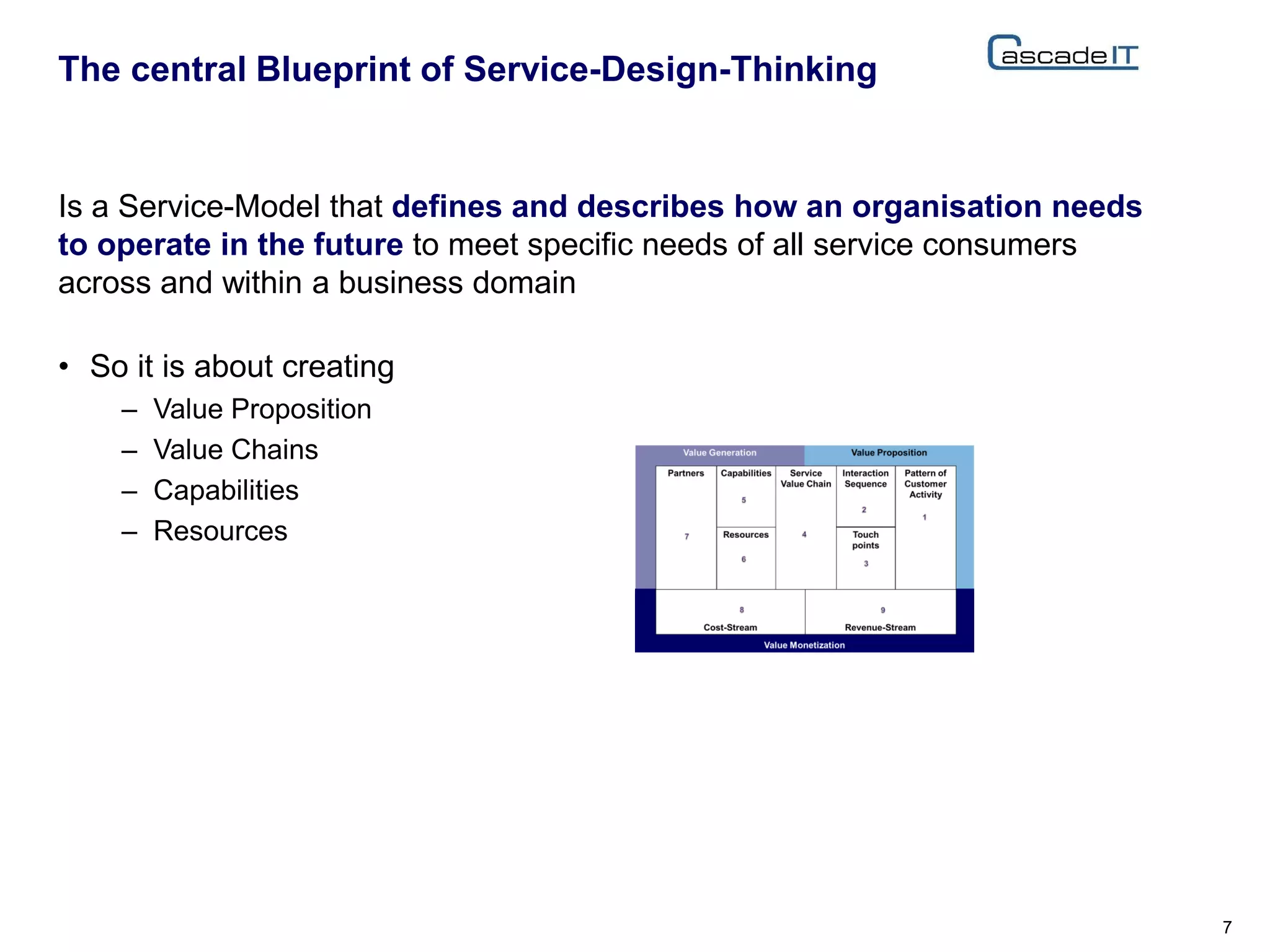 Is a Service-Model that defines and describes how an organisation needs
to operate in the future to meet specific needs of all service consumers
across and within a business domain
• So it is about creating
– Value Proposition
– Value Chains
– Capabilities
– Resources
The central Blueprint of Service-Design-Thinking
7
 