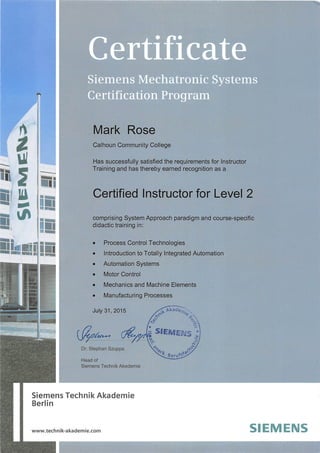 Siemens Level 2 Certificate Mark Rose