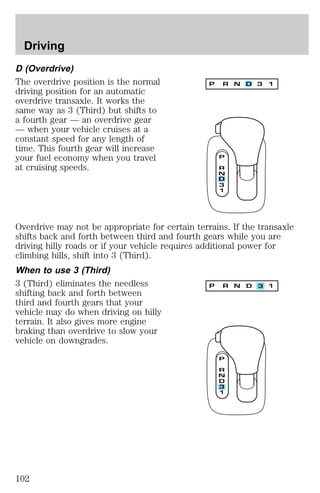 Driving 
D (Overdrive) 
The overdrive position is the normal 
driving position for an automatic 
overdrive transaxle. It works the 
same way as 3 (Third) but shifts to 
a fourth gear — an overdrive gear 
— when your vehicle cruises at a 
constant speed for any length of 
time. This fourth gear will increase 
your fuel economy when you travel 
at cruising speeds. 
Overdrive may not be appropriate for certain terrains. If the transaxle 
shifts back and forth between third and fourth gears while you are 
driving hilly roads or if your vehicle requires additional power for 
climbing hills, shift into 3 (Third). 
When to use 3 (Third) 
3 (Third) eliminates the needless 
shifting back and forth between 
third and fourth gears that your 
vehicle may do when driving on hilly 
terrain. It also gives more engine 
braking than overdrive to slow your 
vehicle on downgrades. 
102 
 