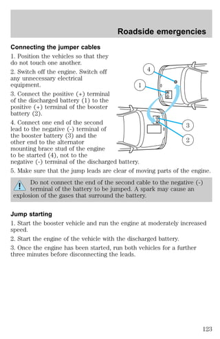 Roadside emergencies 
Connecting the jumper cables 
1. Position the vehicles so that they 
do not touch one another. 
2. Switch off the engine. Switch off 
any unnecessary electrical 
equipment. 
3. Connect the positive (+) terminal 
+ 
of the discharged battery (1) to the 
positive (+) terminal of the booster 
battery (2). 
4. Connect one end of the second 
lead to the negative (-) terminal of 
the booster battery (3) and the 
other end to the alternator 
mounting brace stud of the engine 
to be started (4), not to the 
negative (-) terminal of the discharged battery. 
5. Make sure that the jump leads are clear of moving parts of the engine. 
– 
– 
+ 
4 
1 
3 
2 
Do not connect the end of the second cable to the negative (-) 
terminal of the battery to be jumped. A spark may cause an 
explosion of the gases that surround the battery. 
Jump starting 
1. Start the booster vehicle and run the engine at moderately increased 
speed. 
2. Start the engine of the vehicle with the discharged battery. 
3. Once the engine has been started, run both vehicles for a further 
three minutes before disconnecting the leads. 
123 
 