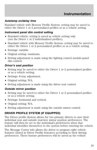 Instrumentation 
Autolamp on/delay time 
Standard vehicle with Memory Profile System: setting may be saved to 
either the Driver 1 or 2 personalized profiles or as a vehicle setting. 
Instrument panel dim control setting 
² Standard vehicle: setting is saved as vehicle setting only 
(not the Driver 1 or 2 individualized profiles). 
² Standard vehicle with Memory Profile System: setting may be saved to 
either the Driver 1 or 2 personalized profiles or as a vehicle setting. 
² Settings: variable. 
² Original setting: maximum. 
² Setting adjustment is made using the lighting control module-panel 
dim control. 
Driver’s seat position 
² Setting may be saved to either the Driver 1 or 2 personalized profiles 
or as a vehicle setting. 
² Settings: 8-way adjustment. 
² Original setting: N/A. 
² Setting adjustment is made using the driver seat control. 
Outside mirror position 
² Setting may be saved to either the Driver 1 or 2 personalized profiles 
or as a vehicle setting. 
² Settings: horizontal and vertical. 
² Original setting: N/A. 
² Setting adjustment is made using the outside mirror control. 
DRIVER PROFILE SYSTEM (IF EQUIPPED) 
The Driver profile System allows for two primary drivers to save their 
individual seat and outside rearview mirror position preferences. The 
feature will then be set to the individual’s preferences when that 
individual identifies themselves to the system before entering the vehicle. 
The Message Center info allows the driver to program eight vehicle 
features (listed in Driver Profile features) according to their driving 
preferences. These feature preferences will be saved as the vehicle 
19 
 