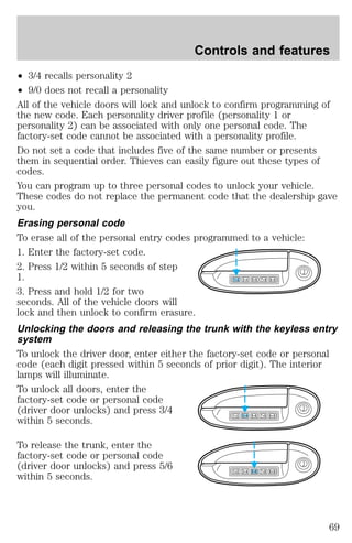 Controls and features 
² 3/4 recalls personality 2 
² 9/0 does not recall a personality 
All of the vehicle doors will lock and unlock to confirm programming of 
the new code. Each personality driver profile (personality 1 or 
personality 2) can be associated with only one personal code. The 
factory-set code cannot be associated with a personality profile. 
Do not set a code that includes five of the same number or presents 
them in sequential order. Thieves can easily figure out these types of 
codes. 
You can program up to three personal codes to unlock your vehicle. 
These codes do not replace the permanent code that the dealership gave 
you. 
Erasing personal code 
To erase all of the personal entry codes programmed to a vehicle: 
1. Enter the factory-set code. 
2. Press 1/2 within 5 seconds of step 
1. 
3. Press and hold 1/2 for two 
seconds. All of the vehicle doors will 
lock and then unlock to confirm erasure. 
Unlocking the doors and releasing the trunk with the keyless entry 
system 
To unlock the driver door, enter either the factory-set code or personal 
code (each digit pressed within 5 seconds of prior digit). The interior 
lamps will illuminate. 
To unlock all doors, enter the 
factory-set code or personal code 
(driver door unlocks) and press 3/4 
within 5 seconds. 
To release the trunk, enter the 
factory-set code or personal code 
(driver door unlocks) and press 5/6 
within 5 seconds. 
1 2 3 4 5 6 7 8 9 0 
1 2 3 4 5 6 7 8 9 0 
1 2 3 4 5 6 7 8 9 0 
69 
 