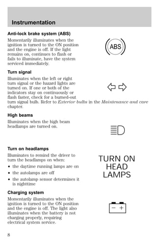 Anti-lock brake system (ABS) 
Momentarily illuminates when the 
ignition is turned to the ON position 
and the engine is off. If the light 
remains on, continues to flash or 
fails to illuminate, have the system 
serviced immediately. 
Turn signal 
Illuminates when the left or right 
turn signal or the hazard lights are 
turned on. If one or both of the 
indicators stay on continuously or 
flash faster, check for a burned-out 
turn signal bulb. Refer to Exterior bulbs in the Maintenance and care 
chapter. 
High beams 
Illuminates when the high beam 
headlamps are turned on. 
Turn on headlamps 
Illuminates to remind the driver to 
turn the headlamps on when: 
² the daytime running lamps are on 
² the autolamps are off 
² the autolamp sensor determines it 
is nighttime 
Charging system 
Momentarily illuminates when the 
ignition is turned to the ON position 
and the engine is off. The light also 
illuminates when the battery is not 
charging properly, requiring 
electrical system service. 
ABS 
TURN ON 
HEAD 
LAMPS 
Instrumentation 
8 
 