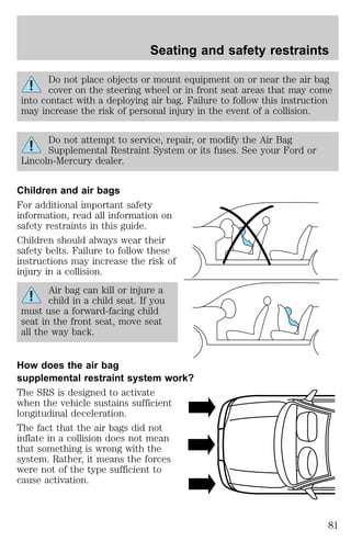 Seating and safety restraints 
Do not place objects or mount equipment on or near the air bag 
cover on the steering wheel or in front seat areas that may come 
into contact with a deploying air bag. Failure to follow this instruction 
may increase the risk of personal injury in the event of a collision. 
Do not attempt to service, repair, or modify the Air Bag 
Supplemental Restraint System or its fuses. See your Ford or 
Lincoln-Mercury dealer. 
Children and air bags 
For additional important safety 
information, read all information on 
safety restraints in this guide. 
Children should always wear their 
safety belts. Failure to follow these 
instructions may increase the risk of 
injury in a collision. 
Air bag can kill or injure a 
child in a child seat. If you 
must use a forward-facing child 
seat in the front seat, move seat 
all the way back. 
How does the air bag 
supplemental restraint system work? 
The SRS is designed to activate 
when the vehicle sustains sufficient 
longitudinal deceleration. 
The fact that the air bags did not 
inflate in a collision does not mean 
that something is wrong with the 
system. Rather, it means the forces 
were not of the type sufficient to 
cause activation. 
81 
 