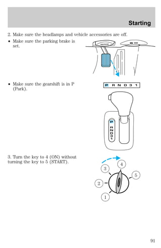 2. Make sure the headlamps and vehicle accessories are off. 
² Make sure the parking brake is 
set. 
² Make sure the gearshift is in P 
(Park). 
3. Turn the key to 4 (ON) without 
turning the key to 5 (START). 
Starting 
BRAKE RELEASE HOOD 
1 
2 
3 
4 
5 
91 
 