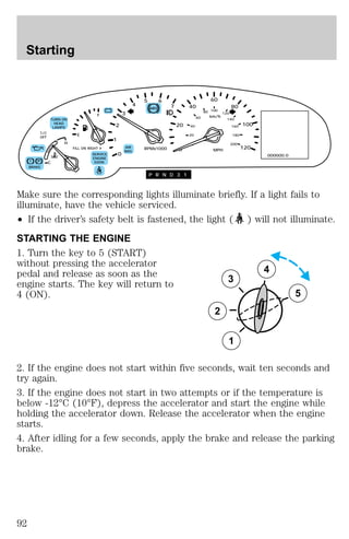 80 
60 
100 
km/h 
120 
MPH 
5 6 
ABS 
Starting 
T/C 
OFF 
! P 
BRAKE 
– + 
RPMx1000 
TURN ON 
HEAD 
LAMPS 
NORM 
C 
H 
E 
F 
FILL ON RIGHT 
SERVICE 
ENGINE 
SOON 
3 
AIR 
BAG 
2 
0 
1 
4 
7 
20 
0 
80 
100 
120 
40 
40 
20 
0 
60 
140 
160 
180 
200 
000000.0 
P R N D 3 1 
Make sure the corresponding lights illuminate briefly. If a light fails to 
illuminate, have the vehicle serviced. 
² If the driver’s safety belt is fastened, the light ( ) will not illuminate. 
STARTING THE ENGINE 
1. Turn the key to 5 (START) 
without pressing the accelerator 
pedal and release as soon as the 
engine starts. The key will return to 
3 
4 (ON). 
2 
1 
5 
4 
2. If the engine does not start within five seconds, wait ten seconds and 
try again. 
3. If the engine does not start in two attempts or if the temperature is 
below -12°C (10°F), depress the accelerator and start the engine while 
holding the accelerator down. Release the accelerator when the engine 
starts. 
4. After idling for a few seconds, apply the brake and release the parking 
brake. 
92 
 