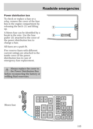 Roadside emergencies 
113 
1 
2 
Always replace the cover to 
the Power Distribution Box 
before reconnecting the battery or 
refilling fluid reservoirs. 
2 
R10 
R7 R8 
R9 15 16 
18 
17 
R11 
10 
11 12 13 14 R6 
R3 R4 
3 
2 
1 
R1 R2 
R5 
D1 
4 5 6 7 8 
9 
Power distribution box 
To check or replace a fuse or a 
relay, remove the cover of the fuse 
box in the engine compartment by 
releasing the latch (1) and lifting 
up. 
A blown fuse can be identified by a 
break in the wire. Use the fuse 
puller (2) attached to the cover of 
the power distribution box to 
change a fuse. 
All fuses are a push fit. 
Five reserve fuses with different 
current ratings are attached to the 
inside cover of the power 
distribution box in case of 
emergency fuse replacement. 
Blown fuse 
 
