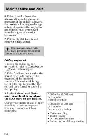 Maintenance and care 
6. If the oil level is below the 
minimum line, add engine oil as 
necessary. If the oil level is beyond 
the maximum line, engine damage 
or high oil consumption may occur 
and some oil must be removed 
from the engine by a service 
technician. 
7. Put the dipstick back in and 
ensure it is fully seated. 
136 
Continuous contact with 
used motor oil has caused 
cancer in laboratory mice. 
Adding engine oil 
1. Check the engine oil. For 
instructions, refer to Checking the 
engine oil in this chapter. 
2. If the fluid level is not within the 
normal range, add only certified 
engine oil of the preferred 
viscosity. Add engine oil through 
the oil filler cap. Remove the filler 
cap and use a funnel to pour oil in 
the opening. 
3. Recheck the oil level. Make 
sure the oil level is not above 
the MAX mark on the dipstick. 
Change your engine oil and oil filter 
according to these mileage and 
time requirements, whichever 
occurs first. 
5 000 miles (8 000 km) 
or 6 months 
Normal schedule 
3 000 miles (5 000 km) 
or 3 months 
Severe duty schedule: 
• Extensive idling 
• Trailer towing 
• Driving in severe dust 
• Police, taxi, or delivery service 
 