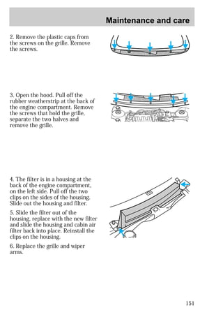 Maintenance and care 
151 
2. Remove the plastic caps from 
the screws on the grille. Remove 
the screws. 
3. Open the hood. Pull off the 
rubber weatherstrip at the back of 
the engine compartment. Remove 
the screws that hold the grille, 
separate the two halves and 
remove the grille. 
4. The filter is in a housing at the 
back of the engine compartment, 
on the left side. Pull off the two 
clips on the sides of the housing. 
Slide out the housing and filter. 
5. Slide the filter out of the 
housing, replace with the new filter 
and slide the housing and cabin air 
filter back into place. Reinstall the 
clips on the housing. 
6. Replace the grille and wiper 
arms. 
 