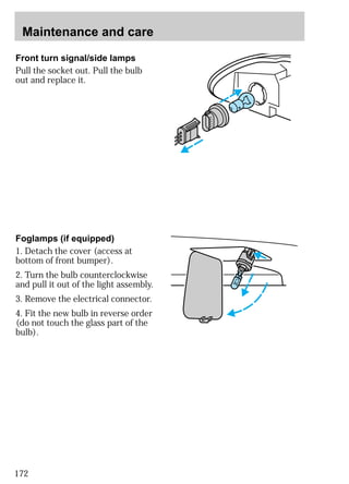 Maintenance and care 
Front turn signal/side lamps 
Pull the socket out. Pull the bulb 
out and replace it. 
Foglamps (if equipped) 
1. Detach the cover (access at 
bottom of front bumper). 
2. Turn the bulb counterclockwise 
and pull it out of the light assembly. 
3. Remove the electrical connector. 
4. Fit the new bulb in reverse order 
(do not touch the glass part of the 
bulb). 
172 
 