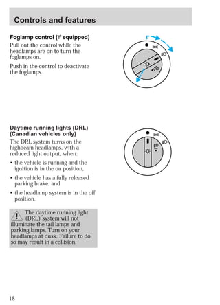 Controls and features 
Foglamp control (if equipped) 
Pull out the control while the 
headlamps are on to turn the 
foglamps on. 
Push in the control to deactivate 
the foglamps. 
Daytime running lights (DRL) 
(Canadian vehicles only) 
The DRL system turns on the 
highbeam headlamps, with a 
reduced light output, when: 
• the vehicle is running and the 
ignition is in the on position, 
• the vehicle has a fully released 
parking brake, and 
• the headlamp system is in the off 
position. 
18 
The daytime running light 
(DRL) system will not 
illuminate the tail lamps and 
parking lamps. Turn on your 
headlamps at dusk. Failure to do 
so may result in a collision. 
 