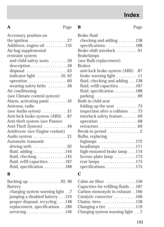 Index 
193 
A Page 
Accessory position on 
the ignition . . . . . . . . . . . . . . . . . .27 
Additives, engine oil . . . . . . . . .135 
Air bag supplemental 
restraint system 
and child safety seats . . . . . . . .59 
description . . . . . . . . . . . . . . . . .58 
disposal . . . . . . . . . . . . . . . . . . .63 
indicator light . . . . . . . . . . .10, 62 
operation . . . . . . . . . . . . . . . . . .60 
wearing safety belts . . . . . . . . .58 
Air conditioning 
(see Climate control system) 
Alarm, activating panic . . . . . . . .42 
Antenna, radio 
(see Audio sytem) . . . . . . . . . . . .21 
Anti-lock brake system (ABS) . .87 
Anti-theft system (see Passive 
Anti-Theft System) . . . . . . . . . . .44 
Antifreeze (see Engine coolant) 
Audio system . . . . . . . . . . . . . . . .21 
Automatic transaxle 
driving with . . . . . . . . . . . . . . . .92 
fluid, adding . . . . . . . . . . . . . . .144 
fluid, checking . . . . . . . . . . . . .145 
fluid, refill capacities . . . . . . . .187 
fluid, specification . . . . . . . . . .188 
B 
Backing up . . . . . . . . . . . . . . .92, 98 
Battery 
charging system warning light . .7 
jumping a disabled battery . . .124 
proper disposal, recycling . . . .148 
replacement, specifications . .186 
servicing . . . . . . . . . . . . . . . . . .146 
B Page 
Brake fluid 
checking and adding . . . . . . . .138 
specifications . . . . . . . . . . . . . .188 
Brake-shift interlock . . . . . . . . . .91 
Brakelamps 
(see Bulb replacement) 
Brakes 
anti-lock brake system (ABS) .87 
brake warning light . . . . . . . . . .11 
fluid, checking and adding . . .138 
fluid, refill capacities . . . . . . . .187 
fluid, specification . . . . . . . . . .188 
parking . . . . . . . . . . . . . . . . . . . .89 
Built-in child seat 
folding up the seat . . . . . . . . . .73 
inspection after a collision . . . .73 
interlock safety feature . . . . . . .69 
operation . . . . . . . . . . . . . . . . . .68 
retractors . . . . . . . . . . . . . . . . . .69 
Break-in period . . . . . . . . . . . . . . .2 
Bulbs, replacing 
foglamps . . . . . . . . . . . . . . . . .172 
headlamps . . . . . . . . . . . . . . . .171 
high-mounted brake lamp . . . .174 
license plate lamp . . . . . . . . . .173 
rear lamps . . . . . . . . . . . . . . . .173 
specifications . . . . . . . . . . . . . .175 
C 
Cabin air filter . . . . . . . . . . . . . .150 
Capacities for refilling fluids . . .187 
Carbon monoxyde in exhaust . .166 
Catalytic converter . . . . . . . . . .168 
Chains, tires . . . . . . . . . . . . . . . .158 
Changing a tire . . . . . . . . . . . . .119 
Charging system warning light . . .7 
 