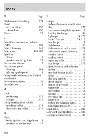 Index 
H Page 
High-mount brakelamp . . . . . . .174 
Hood 
latch location . . . . . . . . . . . . . .132 
release lever . . . . . . . . . . . . . .132 
Horn . . . . . . . . . . . . . . . . . . . . . . .29 
I 
Identification Number, Vehicle 
(VIN) . . . . . . . . . . . . . . . . . . . . .191 
Idle, relearning . . . . . . . . . . . . .149 
Idle, speed . . . . . . . . . . . . .149, 189 
Ignition 
chime . . . . . . . . . . . . . . . . . . . . .13 
positions on the ignition . . . . . .27 
Instrument cluster . . . . . . . . . . . . .6 
Instrument panel 
cleaning . . . . . . . . . . . . . . . . . .184 
lighting up the panel . . . . . . . . .19 
Integrated child seat (see Built-in 
child seat) 
Intermittent wipers . . . . . . . . . . .31 
Introduction . . . . . . . . . . . . . . . . . .2 
J 
Jack 
positioning . . . . . . . . . . . . . . . .122 
storage . . . . . . . . . . . . . . . . . . .121 
Jump starting your vehicle 
attaching cables . . . . . . . . . . . .125 
disconnecting cables . . . . . . . .126 
K 
Keys 
key in ignition warning chime .13 
positions of the ignition . . . . . .27 
196 
L Page 
Lamps 
bulb replacement specification 
chart . . . . . . . . . . . . . . . . . . . . .175 
daytime running light system . .18 
flashing the lamps . . . . . . . . . . .30 
foglamps . . . . . . . . . . . . . .18, 172 
hazard flashers . . . . . . . . .29, 110 
headlamps . . . . . . . . . . . . . . . . .17 
high beams . . . . . . . . . . . . . . . . .30 
high-mounted brake lamp . . . .174 
instrument panel, dimming . . .19 
interior lamps . . . . . . . . . . . . . .36 
reading lamps . . . . . . . . . . . . . .36 
replacing bulbs . . . . . . . . . . . .170 
rear lamps . . . . . . . . . . . . . . . .173 
Lights, warning and indicator 
air bag . . . . . . . . . . . . . . . . . . . .10 
anti-lock brakes (ABS) . . . . . . .11 
brake . . . . . . . . . . . . . . . . . . . . .11 
charging system . . . . . . . . . . . . .7 
check engine . . . . . . . . . . . . . . . .9 
engine oil pressure . . . . . . . . . .11 
high beam . . . . . . . . . . . . . . . . . .7 
low coolant . . . . . . . . . . . . . . . . .8 
low fuel . . . . . . . . . . . . . . . . . . . .9 
overdrive off . . . . . . . . . . . . . . . .9 
safety belt . . . . . . . . . . . . . . . . . .7 
testing the warning lights . . . . .12 
turn signal indicator . . . . . . . . . .6 
Load limits . . . . . . . . . . . . . . . . .100 
Lubricant specifications . . . . . .188 
Luggage compartment . . . . . . . .39 
 