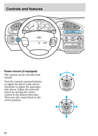 Controls and features 
55 
50 
40 
30 
20 
2 
4 5 
Power mirrors (if equipped) 
The control can be swivelled and 
turned. 
Turn the control counterclockwise 
to adjust the driver’s side mirror, 
clockwise to adjust the passenger 
side mirror. Adjust the selected 
mirror by moving the center 
control in the desired direction. 
Then turn the control back to the 
center position. 
20 
H M I0 :20 
LO OFF PNL/FLR 
PANEL 
A/C 
MIRRORS 
MIRRORS 
FLOOR 
FLR 
DEF 
DEF 
MAX 
A/C 
HI 
/ 
POWER AUDIO AM/FM SCAN 
SEEK 
1 2 3 
4 5 6 
ANS 
SIDE 1-2 
EJECT 
VOLUME 
000123 
0 0 0 0 
10 
60 70 80 
90 
100 
110 
120 
130 
MPH 
60 
40 
20 
80 
100 120 
140 
160 
180 
200 
1/2 
E F 
UNLEADED FUEL ONLY 
1 
0 
3 
x 1000 
6 
7 
8 
NORMAL 
BRAKE 
CHECK 
ENGINE 
TRACTION 
CONTROL 
O/D 
OFF 
MIRRORS 
 