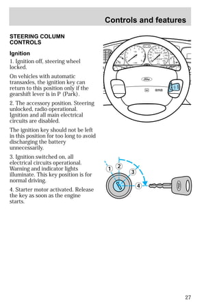 Controls and features 
27 
STEERING COLUMN 
CONTROLS 
Ignition 
1. Ignition off, steering wheel 
locked. 
On vehicles with automatic 
transaxles, the ignition key can 
return to this position only if the 
gearshift lever is in P (Park). 
2. The accessory position. Steering 
unlocked, radio operational. 
Ignition and all main electrical 
circuits are disabled. 
The ignition key should not be left 
in this position for too long to avoid 
discharging the battery 
unnecessarily. 
3. Ignition switched on, all 
electrical circuits operational. 
Warning and indicator lights 
illuminate. This key position is for 
normal driving. 
4. Starter motor activated. Release 
the key as soon as the engine 
starts. 
4 5 
3 
4 
1 2 
000123 
0 0 0 0 
55 
50 
40 
30 
20 
10 
60 70 80 
90 
100 
110 
120 
130 
MPH 
60 
40 
20 
80 
100 120 
140 
160 
180 
200 
1/2 
E F 
UNLEADED FUEL ONLY 
2 
1 
0 
3 
x 1000 
6 
7 
8 
NORMAL 
BRAKE 
CHECK 
ENGINE 
TRACTION 
CONTROL 
O/D 
OFF 
IRRORS 
 