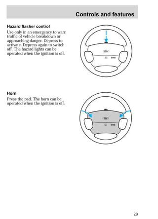 Controls and features 
29 
Hazard flasher control 
Use only in an emergency to warn 
traffic of vehicle breakdown or 
approaching danger. Depress to 
activate. Depress again to switch 
off. The hazard lights can be 
operated when the ignition is off. 
Horn 
Press the pad. The horn can be 
operated when the ignition is off. 
 