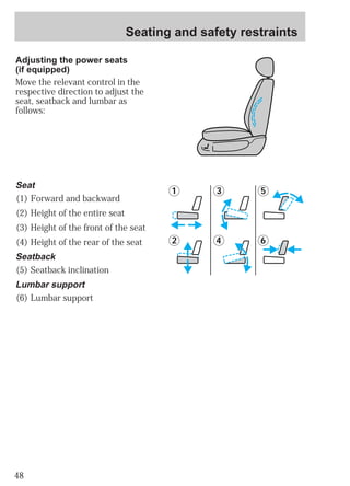 48 
Seating and safety restraints 
Adjusting the power seats 
(if equipped) 
Move the relevant control in the 
respective direction to adjust the 
seat, seatback and lumbar as 
follows: 
1 
2 
3 
5 
4 6 
Seat 
(1) Forward and backward 
(2) Height of the entire seat 
(3) Height of the front of the seat 
(4) Height of the rear of the seat 
Seatback 
(5) Seatback inclination 
Lumbar support 
(6) Lumbar support 
 