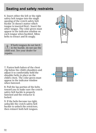 Seating and safety restraints 
6. Insert either the left or the right 
safety belt tongue into the single 
opening of the crotch safety belt 
buckle (it doesn’t matter which 
tongue is inserted first). Insert the 
other tongue. The color green must 
appear in the indicator window on 
each tongue when buckled. Allow 
belts to retract and fit snugly. 
7. Fasten both halves of the chest 
clip below the child’s shoulders and 
adjust it to comfortably hold the 
shoulder belts in place on the 
child’s chest. The color green must 
appear in the indicator window 
when fastened. 
8. Pull the lap portion of the belts 
toward you to make sure the crotch 
safety belt buckle is properly 
fastened and the retractor is 
locked. 
9. If the belts become too tight, 
unbuckle the crotch safety belt 
buckle to unlock the retractors, 
then reinsert both belt tongues. 
72 
If both tongues do not latch 
in the buckle, do not use the 
child seat. See your dealer for 
repairs. 
 
