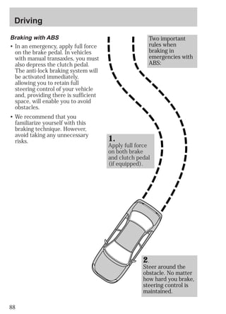 88 
Two important 
rules when 
braking in 
emergencies with 
ABS: 
1. 
Apply full force 
on both brake 
and clutch pedal 
(if equipped). 
Braking with ABS 
• In an emergency, apply full force 
on the brake pedal. In vehicles 
with manual transaxles, you must 
also depress the clutch pedal. 
The anti-lock braking system will 
be activated immediately, 
allowing you to retain full 
steering control of your vehicle 
and, providing there is sufficient 
space, will enable you to avoid 
obstacles. 
• We recommend that you 
familiarize yourself with this 
braking technique. However, 
avoid taking any unnecessary 
risks. 
2. 
Steer around the 
obstacle. No matter 
how hard you brake, 
steering control is 
maintained. 
Driving 
 