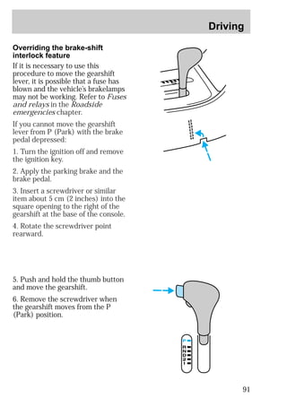 Driving 
91 
Overriding the brake-shift 
interlock feature 
If it is necessary to use this 
procedure to move the gearshift 
lever, it is possible that a fuse has 
blown and the vehicle’s brakelamps 
may not be working. Refer to Fuses 
and relays in the Roadside 
emergencies chapter. 
If you cannot move the gearshift 
lever from P (Park) with the brake 
pedal depressed: 
1. Turn the ignition off and remove 
the ignition key. 
2. Apply the parking brake and the 
brake pedal. 
3. Insert a screwdriver or similar 
item about 5 cm (2 inches) into the 
square opening to the right of the 
gearshift at the base of the console. 
4. Rotate the screwdriver point 
rearward. 
5. Push and hold the thumb button 
and move the gearshift. 
6. Remove the screwdriver when 
the gearshift moves from the P 
(Park) position. 
 