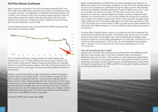 Oil Price Slump Continues 
Brent crude fell to the lowest in four and a half years yesterday at $70, and 
WTI at $65 when OPEC announced that they wouldn’t curb production levels 
to support oil prices. The Organisation of Petroleum Exporting Countries met 
in Vienna, with members of the group deciding to keep production levels the 
same. Weeks before the meeting, there was speculation that they would 
decide to cut production to support oil prices. If approved, this would have 
been the first production cut since 2008. 
The chart below shows the dip in prices (WTI) when OPEC announced they 
plan to stick to production targets. 
The 12 member cartel plan to keep producing 30 million barrels a day; 
analysts say a cut of 1.5 million barrels a day would support oil prices. The 
lack of action is bad news for Nigeria, Russia and Venezuela who need $90/ 
barrel oil to meet their economic targets. Over half of the Russian Government 
revenues come from oil and gas; low prices are putting additional pressure on 
the economy. 
However; worse off are American shale oil producers, where the extraction 
cost per barrel is much higher; at $50 - $100 per barrel, compared to $10 - 
$25 per barrel via traditional methods. Lower oil prices could also halt the 
shale oil boom in USA. Analysts predict that 40% of forecasts for 2015 would 
be uneconomic if prices stay below $80 per barrel. When US players liquidate 
and US production is smaller and more concentrated; the price of oil should 
then pick back up; only the cheapest producers will survive. Hedged contracts 
at $90/barrel are keeping many US oil firms in production; when they expire, it 
will be much more difficult for many to stay afloat. 
To view the OPEC press release click: HERE 
Banks including Barclays and Wells Fargo are facing potentially heavy losses on an 
$850m loan made to two oil and gas companies, in a sign of how the dramatic slide in 
the price of oil is beginning to reverberate through the wider economy. Rival bankers 
estimate that if Barclays and Wells attempted to rectify the $850m loan now, it could 
go for as little as 60 cents to the dollar. The 30% drop in price since June has 
impacted on currencies, national budgets, and shares of energy companies shares. 
Although it is notorious prices of oil do not fully translate into savings for a consumer 
due to sellers of oil wanting a higher profit, the fall in price has been noticeable, which 
might possibly be one of the reasons USA grew 0.4% higher than expected, to 3.8% 
in Q3. The impact has not been limited to OPEC countries such as Saudi Arabia & the 
US though: Euro inflation slowed to 0.3% as the ECB is poised to discuss stimulus for 
the Eurozone. 
The price slide is having a serious impact on oil producers that rely on revenues from 
crude exports to balance their budgets. The Russian rouble has lost 27% of its value 
since mid-June, when crude began to fall, while on Wednesday the Nigerian naira 
touched a record low. The US dollar strengthened to a 5 year high: it climbed 0.8 % to 
118.63 yen after advancing to 118.98 on Nov. 20, the strongest level since August 
2007. It added 0.1% to $1.2452 per euro, with the yen depreciating to 0.7% to 
147.72 per euro. 
How will the producers and oil react? 
Investors are concerned that companies such as Royal Dutch Shell (RDSA) and BP 
(BP) won’t have enough cash to cover both investment plans and dividends. 
Breakeven costs vary from $40 - $100 a barrel, so profit margins are currently being 
squeezed. In the long run the greater dilemma for oil producers are that the costs of 
developing new reserves remain higher than ever. An extended period of lower prices 
will prevent companies such as RDSA and BP from being able to replace production 
as existing oil fields begin to dry up. 
7 8 
 