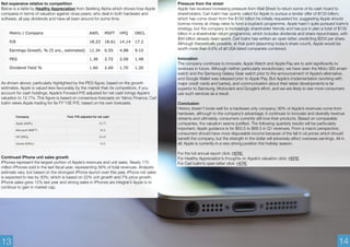 Not expensive relative to competition 
Below is a table by Healthy Appreciation from Seeking Alpha which shows how Apple 
compares in terms of valuation against close peers; who deal in both hardware and 
software, all pay dividends and have all been around for some time. 
As shown above; particularly highlighted by the PEG figure, based on the growth 
estimates, Apple is valued less favourably by the market than its competitors. If you 
account for cash holdings; Apple’s Forward P/E adjusted for net cash brings Apple’s 
valuation to 12.77x. This figure is based on consensus forecasts on Yahoo Finance; Carl 
Icahn views Apple trading for 8x FY’15E P/E, based on his own forecasts. 
Company Fwd. P/E adjusted for net cash 
Apple (AAPL) 12.77 
Microsoft (MSFT) 14.3 
HP (HPQ) 10.47 
Oracle (ORCL) 12.5 
Continued iPhone unit sales growth 
iPhones represent the largest portion of Apple’s revenues and unit sales. Nearly 170 
million iPhones sold in the last fiscal year; representing 56% of total revenues. Analysts 
estimate vary, but based on the strongest iPhone launch ever this year, iPhone net sales 
is expected to rise by 30%; which is based on 22% unit growth and 7% price growth. 
iPhone sales grew 12% last year and strong sales in iPhones are integral if Apple is to 
continue to gain in market cap. 
Pressure from the street 
Apple has received increasing pressure from Wall Street to return some of its cash hoard to 
shareholders; Carl Icahn has openly called for Apple to pursue a tender offer of $133 billion; 
which has come down from the $150 billion he initially requested for, suggesting Apple should 
borrow money at cheap rates to fund a buyback programme. Apple hasn’t quite pursued Icahn’s 
strategy, but the company is increasingly shareholder friendly and has put in plan a total of $130 
billion in a shareholder return programme, which includes dividends and share repurchases; with 
$94 billion already been spent. Carl Icahn has written an open letter; predicting $203 per share. 
Although theoretically possible, at that point (assuming today’s share count), Apple would be 
worth more than 6.6% of all USA listed companies combined. 
Innovation 
The company continues to innovate; Apple Watch and Apple Pay are to add significantly to 
revenues in future. Although neither particularly revolutionary; we have seen the Moto 360 smart-watch 
and the Samsung Galaxy Gear watch prior to the announcement of Apple’s alternative, 
and Google Wallet was released prior to Apple Pay. But Apple’s implementation (working with 
major credit cards and banks), and communication about their latest developments is far 
superior to Samsung, Motorola’s and Google’s effort, and we are likely to see more consumers 
use such services as a result. 
Conclusion 
History doesn't bode well for a hardware only company; 90% of Apple’s revenues come from 
hardware, although to the company’s advantage; it continues to innovate and diversify revenue 
streams and ultimately, consumers currently still love their products. Based on comparable 
companies, the valuation seems justified. The following quarterly results will be particularly 
important; Apple guidance is for $63.5 to $66.5 in Q1 revenues. From a macro perspective; 
consumers should have more disposable income because of the fall in oil prices which should 
benefit the company, but the strength in the dollar will adversely affect overseas earnings. All in 
all; Apple is currently in a very strong position this holiday season. 
For the full annual report click: HERE 
For Healthy Appreciation’s thoughts on Apple’s valuation click: HERE 
For Carl Icahn’s open letter click: HERE 
13 14 
 