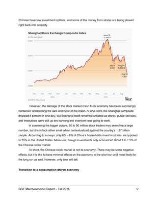 BSIF Macroeconomic Report – Fall 2015 12
Chinese have few investment options, and some of the money from stocks are being plowed
right back into property.
However, the damage of the stock market crash to its economy has been surprisingly
contained, considering the size and hype of the crash. At one point, the Shanghai composite
dropped 8 percent in one day, but Shanghai itself remained unfazed as stores, public services,
and institutions were still up and running and everyone was going to work.
In examining the bigger picture, 50 to 90 million stock traders may seem like a large
number, but it is in fact rather small when contextualized against the country’s 1.37 billion
people. According to surveys, only 6% - 8% of China’s households invest in stocks, as opposed
to 55% in the United States. Moreover, foreign investments only account for about 1 to 1.5% of
the Chinese stock market.
In short, the Chinese stock market is not its economy. There may be some negative
effects, but it is like to have minimal effects on the economy in the short run and most likely for
the long run as well. However, only time will tell.
Transition to a consumption-driven economy
 