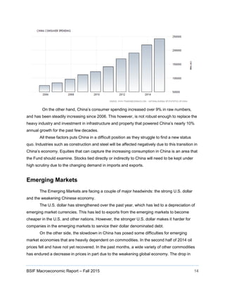 BSIF Macroeconomic Report – Fall 2015 14
On the other hand, China’s consumer spending increased over 9% in raw numbers,
and has been steadily increasing since 2006. This however, is not robust enough to replace the
heavy industry and investment in infrastructure and property that powered China’s nearly 10%
annual growth for the past few decades.
All these factors puts China in a difficult position as they struggle to find a new status
quo. Industries such as construction and steel will be affected negatively due to this transition in
China’s economy. Equities that can capture the increasing consumption in China is an area that
the Fund should examine. Stocks tied directly or indirectly to China will need to be kept under
high scrutiny due to the changing demand in imports and exports.
Emerging Markets
The Emerging Markets are facing a couple of major headwinds: the strong U.S. dollar
and the weakening Chinese economy.
The U.S. dollar has strengthened over the past year, which has led to a depreciation of
emerging market currencies. This has led to exports from the emerging markets to become
cheaper in the U.S. and other nations. However, the stronger U.S. dollar makes it harder for
companies in the emerging markets to service their dollar denominated debt.
On the other side, the slowdown in China has posed some difficulties for emerging
market economies that are heavily dependent on commodities. In the second half of 2014 oil
prices fell and have not yet recovered. In the past months, a wide variety of other commodities
has endured a decrease in prices in part due to the weakening global economy. The drop in
 