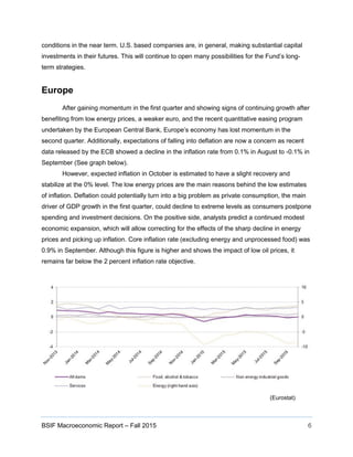BSIF Macroeconomic Report – Fall 2015 6
conditions in the near term. U.S. based companies are, in general, making substantial capital
investments in their futures. This will continue to open many possibilities for the Fund’s long-
term strategies.
Europe
After gaining momentum in the first quarter and showing signs of continuing growth after
benefiting from low energy prices, a weaker euro, and the recent quantitative easing program
undertaken by the European Central Bank, Europe’s economy has lost momentum in the
second quarter. Additionally, expectations of falling into deflation are now a concern as recent
data released by the ECB showed a decline in the inflation rate from 0.1% in August to -0.1% in
September (See graph below).
However, expected inflation in October is estimated to have a slight recovery and
stabilize at the 0% level. The low energy prices are the main reasons behind the low estimates
of inflation. Deflation could potentially turn into a big problem as private consumption, the main
driver of GDP growth in the first quarter, could decline to extreme levels as consumers postpone
spending and investment decisions. On the positive side, analysts predict a continued modest
economic expansion, which will allow correcting for the effects of the sharp decline in energy
prices and picking up inflation. Core inflation rate (excluding energy and unprocessed food) was
0.9% in September. Although this figure is higher and shows the impact of low oil prices, it
remains far below the 2 percent inflation rate objective.
(Eurostat)
 