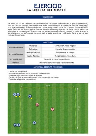 EJERCICIO	
  E R 	
  
                       L A 	
   L I B R E T A 	
   D E L 	
   M I S T

                                            DESCRIPCIÓN


Se juega un 2x1 en cada uno de los subespacios. Se coloca una pareja en el interior del espacio,
uno en cada rectángulo. Las parejas atacantes debe conseguir atravesar la línea de fondo (AB)
con una conducción. Si lo consiguen se colocarán de nuevo en la fila. En caso de que el balón
salga fuera de los límites del terreno de juego o el equipo defensor se haga con el balón, los
atacantes se convierten en defensores y los que estaban defendiendo recogen el balón y pasan a
ser atacantes. Los defensores no puede salirse cada uno de su rectángulo. Gana la pareja que
más puntos consiga.



                                             OBJETIVOS
                          Ofensivas                            Conducción. Pase. Regate.
 Acciones Técnicas
                         Defensivas                             Entrada. Interceptación.

                      Principio Táctico                         Progresar en el campo.
 Acciones Tácticas
                       Medios Tácticos                         Temporización. Cobertura.

  Socio-Afectivo                              Fomentar la toma de decisiones.

     Volitivos                           Mejorar la competitividad y el rendimiento.

                               ASPECTOS A OBSERVAR Y CORREGIR

•  Uso de las dos piernas.
•  Postura del defensor en el momento de la entrada.
•  Fomentar la creatividad de los atacantes.
•  Cambio de fase ataque-defensa en caso de pérdida del balón.
•  Fomentar el espíritu competitivo.


                                                20 m	
  




       A A
                         A


                                   D
                                                                                           15 m	
  




                                                           D




                               A
       A A
 