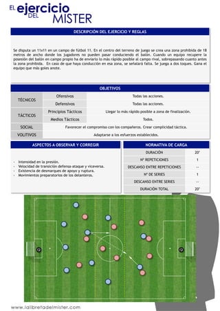 DESCRIPCIÓN DEL EJERCICIO Y REGLAS
Se disputa un 11x11 en un campo de fútbol 11. En el centro del terreno de juego se crea una zona prohibida de 18
metros de ancho donde los jugadores no pueden pasar conduciendo el balón. Cuando un equipo recupere la
posesión del balón en campo propio ha de enviarlo lo más rápido posible al campo rival, sobrepasando cuanto antes
la zona prohibida. En caso de que haya conducción en esa zona, se señalará falta. Se juega a dos toques. Gana el
equipo que más goles anote.
OBJETIVOS
TÉCNICOS
Ofensivos Todas las acciones.
Defensivos Todas las acciones.
TÁCTICOS
Principios Tácticos Llegar lo más rápido posible a zona de finalización.
Medios Tácticos Todos.
SOCIAL Favorecer el compromiso con los compañeros. Crear complicidad táctica.
VOLITIVOS Adaptarse a los esfuerzos establecidos.
ASPECTOS A OBSERVAR Y CORREGIR
-  Intensidad en la presión.
-  Velocidad de transición defensa-ataque y viceversa.
-  Existencia de desmarques de apoyo y ruptura.
-  Movimientos preparatorios de los delanteros.
NORMATIVA DE CARGA
DURACIÓN 20’
Nº REPETICIONES 1
DESCANSO ENTRE REPETICIONES --
Nº DE SERIES 1
DESCANSO ENTRE SERIES --
DURACIÓN TOTAL 20’
P P
 