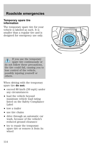 Roadside emergencies 
Temporary spare tire 
information 
The temporary spare tire for your 
vehicle is labeled as such. It is 
smaller than a regular tire and is 
designed for emergency use only. 
If you use the temporary 
spare tire continuously or 
do not follow these precautions, 
the tire could fail, causing you to 
lose control of the vehicle, 
possibly injuring yourself or 
others. 
When driving with the temporary 
spare tire do not: 
² exceed 80 km/h (50 mph) under 
any circumstances 
² load the vehicle beyond 
maximum vehicle load rating 
listed on the Safety Compliance 
Label 
² tow a trailer 
² use tire chains 
² drive through an automatic car 
wash, because of the vehicle’s 
reduced ground clearance 
² try to repair the temporary 
spare tire or remove it from its 
wheel 
114 
 