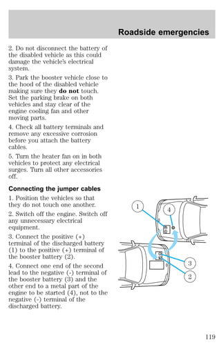 2. Do not disconnect the battery of 
the disabled vehicle as this could 
damage the vehicle’s electrical 
system. 
3. Park the booster vehicle close to 
the hood of the disabled vehicle 
making sure they do not touch. 
Set the parking brake on both 
vehicles and stay clear of the 
engine cooling fan and other 
moving parts. 
4. Check all battery terminals and 
remove any excessive corrosion 
before you attach the battery 
cables. 
5. Turn the heater fan on in both 
vehicles to protect any electrical 
surges. Turn all other accessories 
off. 
Connecting the jumper cables 
1. Position the vehicles so that 
they do not touch one another. 
2. Switch off the engine. Switch off 
any unnecessary electrical 
equipment. 
3. Connect the positive (+) 
terminal of the discharged battery 
(1) to the positive (+) terminal of 
the booster battery (2). 
4. Connect one end of the second 
lead to the negative (-) terminal of 
the booster battery (3) and the 
other end to a metal part of the 
engine to be started (4), not to the 
negative (-) terminal of the 
discharged battery. 
Roadside emergencies 
1 4 
+ 
– 
– 
+ 
3 
2 
119 
 
